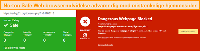 Skærmbillede af Norton Safe Web, der bekræfter, at et websted er sikkert eller farligt.