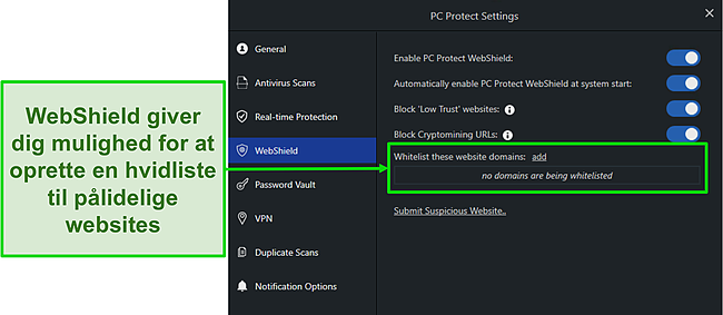 Skærmbillede af PC Protect's WebShield -indstillinger for at hjælpe dig med at beskytte dig online.