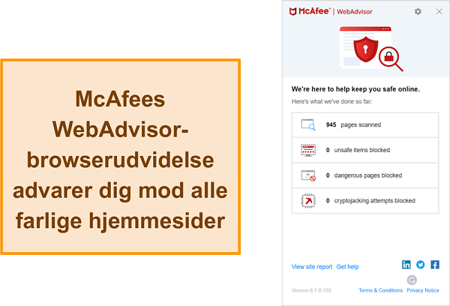 Skærmbillede af WebAdvisor-funktionen på McAfee-webstedet