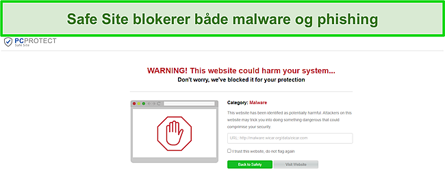 Skærmbillede af PC Protect's Safe Site blokerede med succes et malware -forsøg.