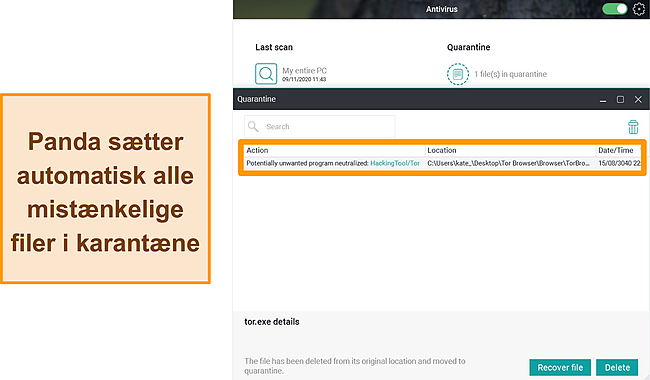 Skærmbillede af Pandas karantænefunktion med en fil i karantæne fremhævet.
