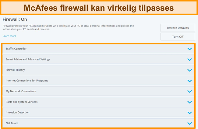 Skærmbillede af McAfee Firewall-funktioner