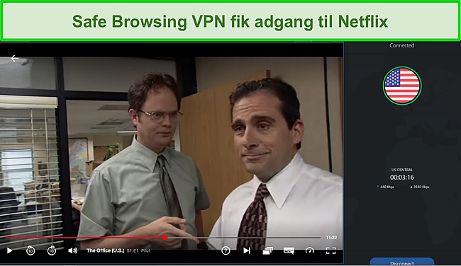 Skærmbillede af PC Protect's Safe Browsing VPN, der omgår geografiske begrænsninger for at få adgang til det amerikanske Netflix.