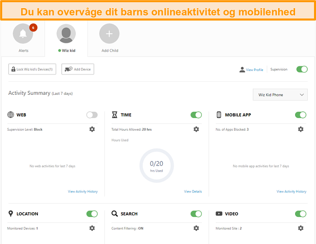 Skærmbillede af Norton 360's indstillinger for forældrekontrol.