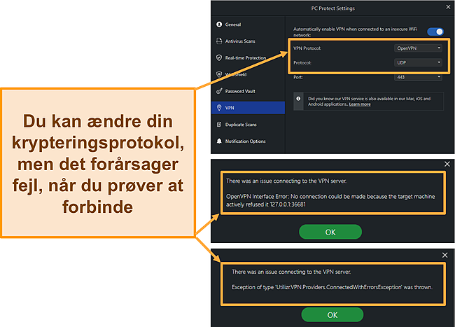 Skærmbillede af PC Protect's Safe Browsing VPN -fejl og krypteringsprotokoller.