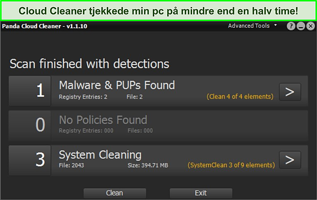 Skærmbillede af Pandas Cloud Cleaner -funktion med en gennemført scanning.