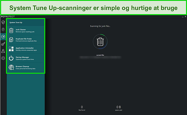 Skærmbillede af PC Protect's System Tune Up -liste, der hjælper med at frigøre plads på harddisken og holder din enhed kørende.