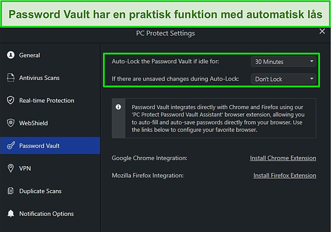 Skærmbillede af PC Protect's Password Vault-indstillinger med dens auto-lock-funktion.