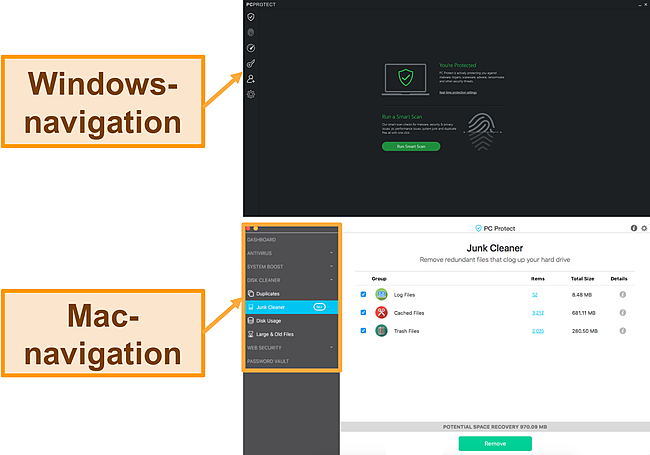 Skærmbillede af PC Protects navigationsmenu på Windows og Mac.