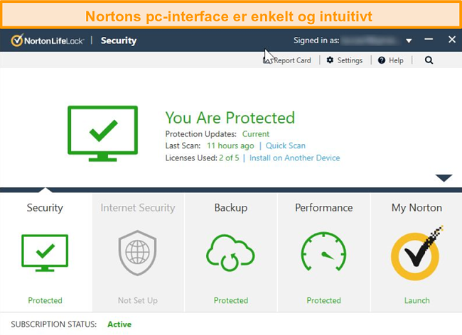 Skærmbillede af Norton 360's hjemmeside på Windows