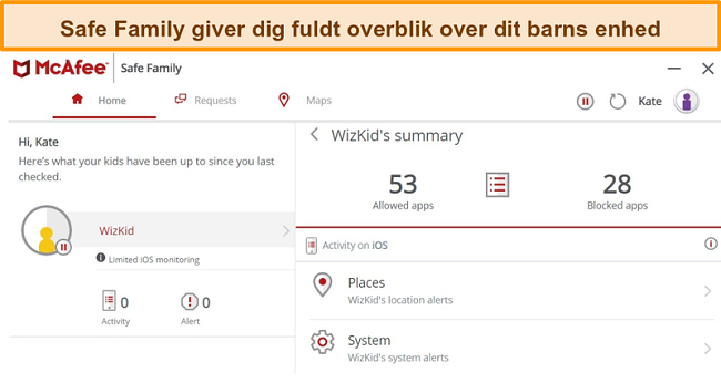 Skærmbillede af McAfee Safe Family-forældrekontrolfunktion knyttet til en iPhone