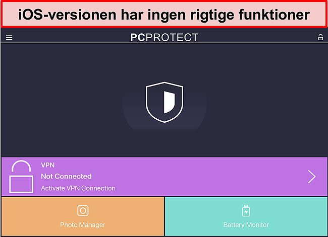 Skærmbillede af PC Protect's iOS -applikation, der mangler nogen reelle funktioner.