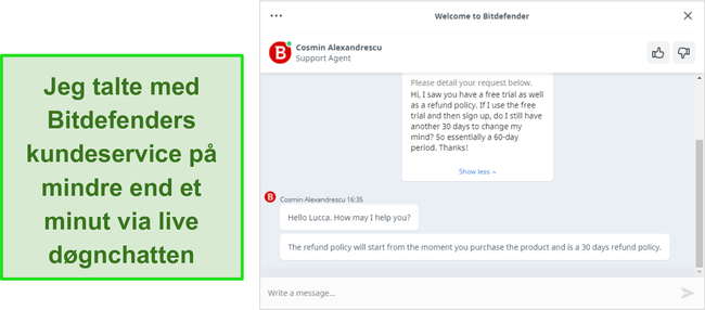 Skærmbillede af en live chat-samtale med en Bitdefender supportagent.