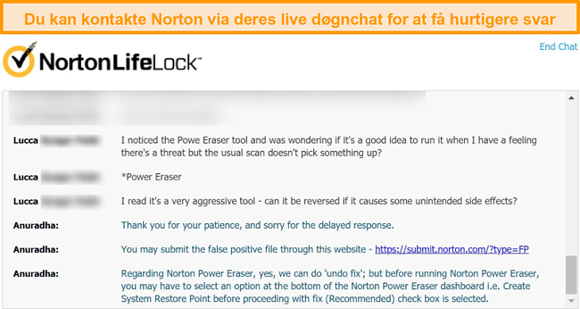 Skærmbillede af en samtale med en Norton-kundesupportagent via live chat.