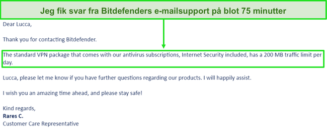 Skærmbillede af en support-e-mail fra Bitdefender.