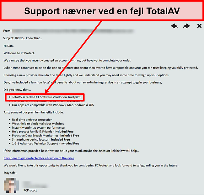 Skærmbillede af PC Protects supportteam ved et uheld anbefaler Total AV som nummer 1 -valg.