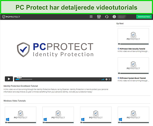 Skærmbillede af PC Protect's video tutorials, der kan tilgås via dets websted.