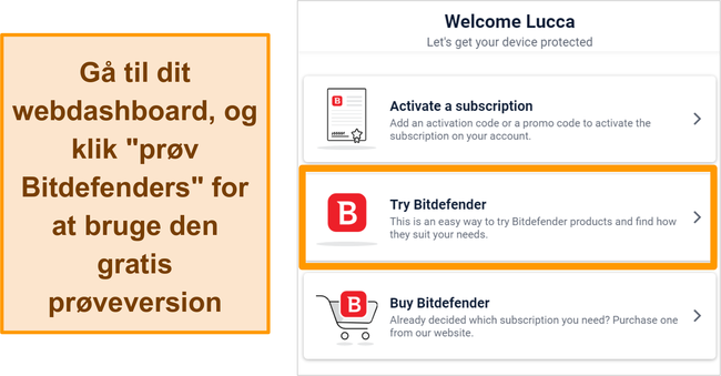 Skærmbillede af, hvordan du starter en prøveversion af Bitdefender fra sit Bitdefender Central-webdashboard.