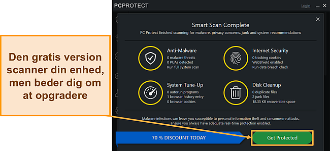 Skærmbillede af PC Protect gratis version, der kører en scanning, før du fortæller dig at opgradere.