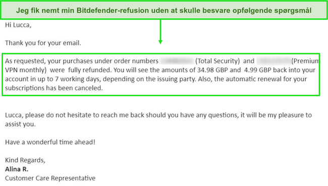 Skærmbillede af en vellykket e-mail med anmodning om refusion fra en Bitdefender supportagent.