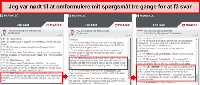 Sk&aelig;rmbillede af McAfee live chat fors&oslash;ger at l&oslash;se et teknisk sp&oslash;rgsm&aring;l