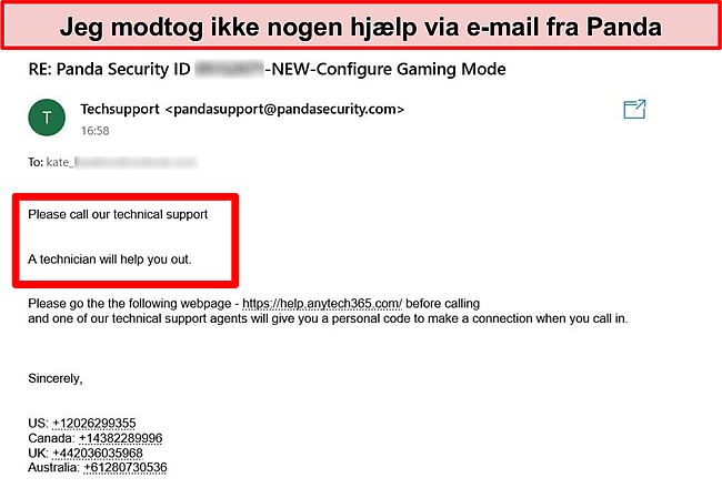 Skærmbillede af e -mail modtaget fra Pandas tekniske support.