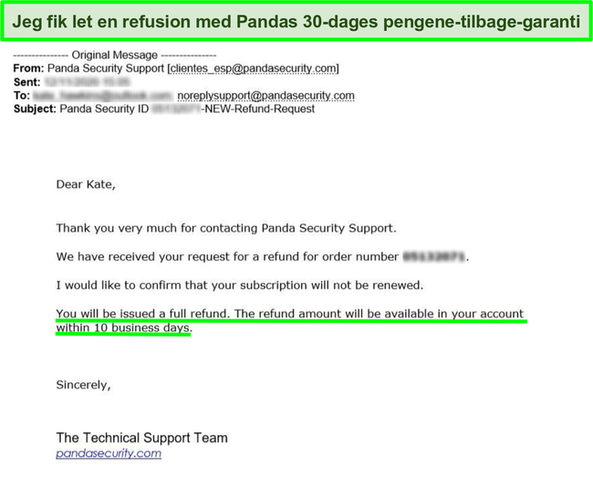 E-mail med fuld refusion godkendt af Panda antivirus med 30-dages pengene-tilbage-garanti.
