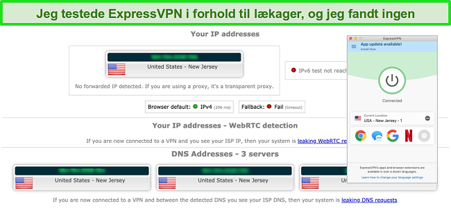Skærmbillede af ExpressVPN passerer en IP-, WebRTC- og DNS-lækagetest, mens der er oprettet forbindelse til en server i USA