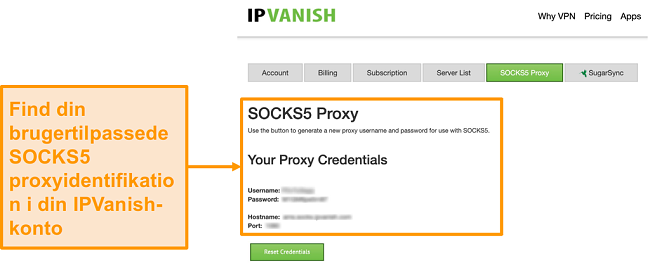 Skærmbillede af IPVanish's gratis SOCKS5 proxy server legitimationsoplysninger på hjemmesiden