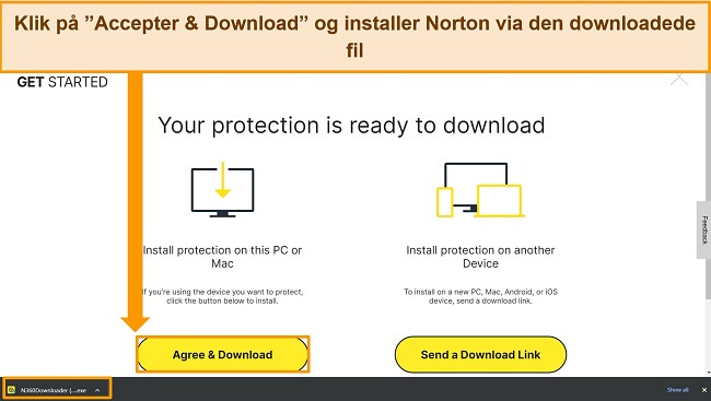 Skærmbillede af Agree & Download Norton-websiden, der fremhæver installationsfilen.