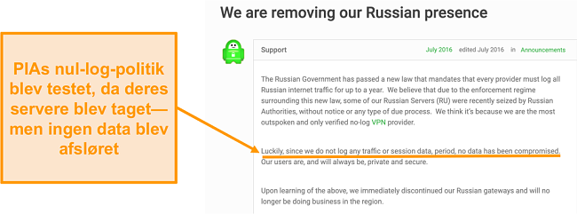 Skærmbillede af Private Internet Access VPN's hjemmeside med et blogindlæg, der beskriver årsagen til PIA's tilbagetrækning fra Rusland
