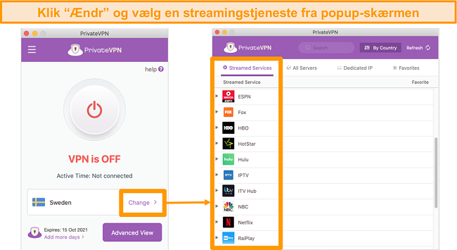 Skærmbillede af PrivateVPN's Mac-app, der viser en liste over optimerede servere til streaming