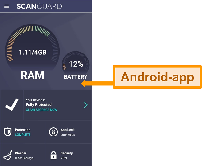 Skærmbillede af Scanguards Android -app -interface.