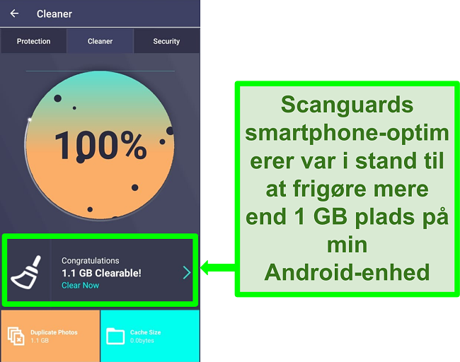 Skærmbillede af Scanguards Cleaner -funktion på Android rydder over 1 GB dubletter.