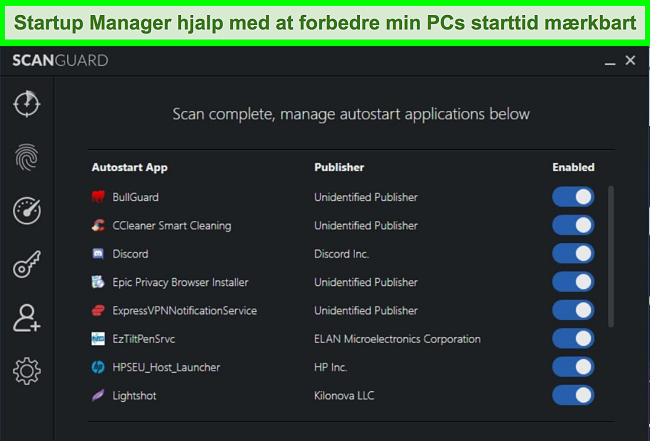 Skærmbillede af Scanguards Startup Manager med autostart -programmer på listen.