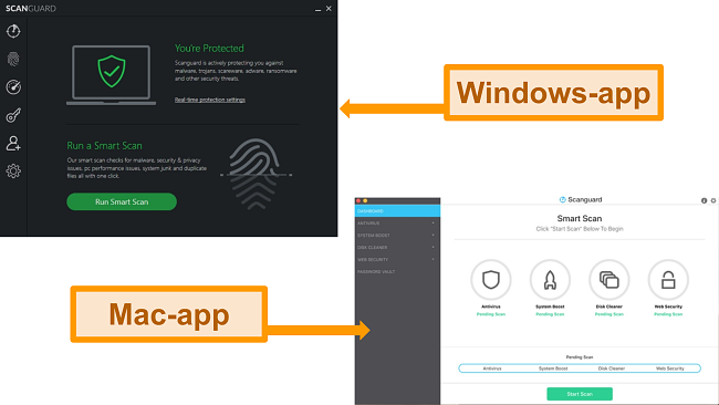 Skærmbilleder af Scanguards Windows- og Mac -grænseflader.