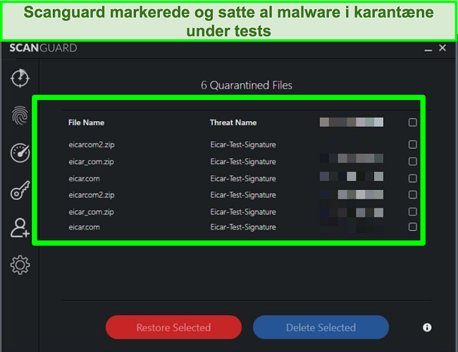 Skærmbillede af Scanguards karantæne med flere malware -testfiler.