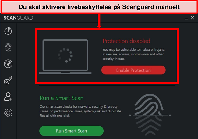 Skærmbillede af Scanguards antivirus-app med beskyttelse i realtid deaktiveret.