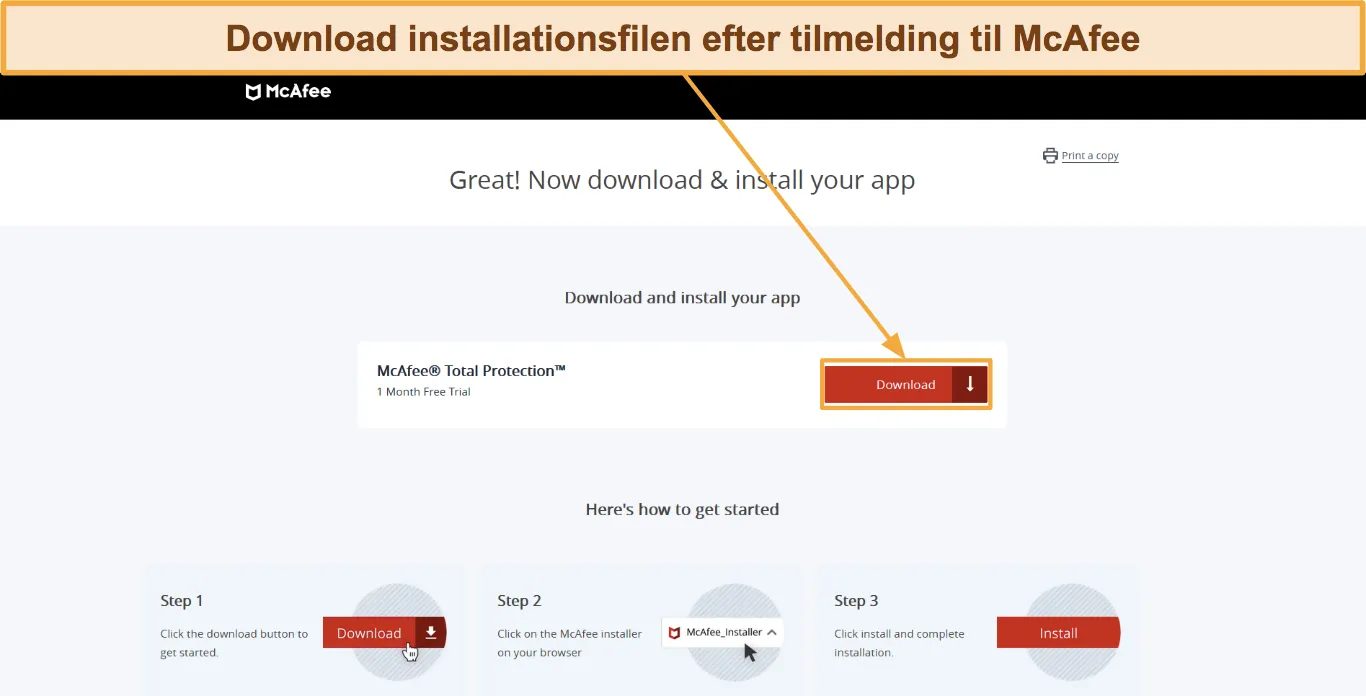 Sk&aelig;rmbillede, der viser, hvordan du downloader McAfee's ops&aelig;tning.