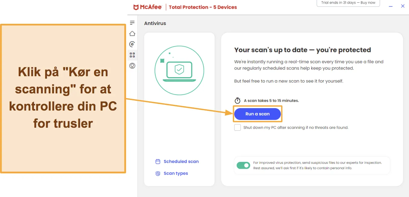 Sk&aelig;rmbillede, der viser, hvordan man starter en scanning med McAfee.