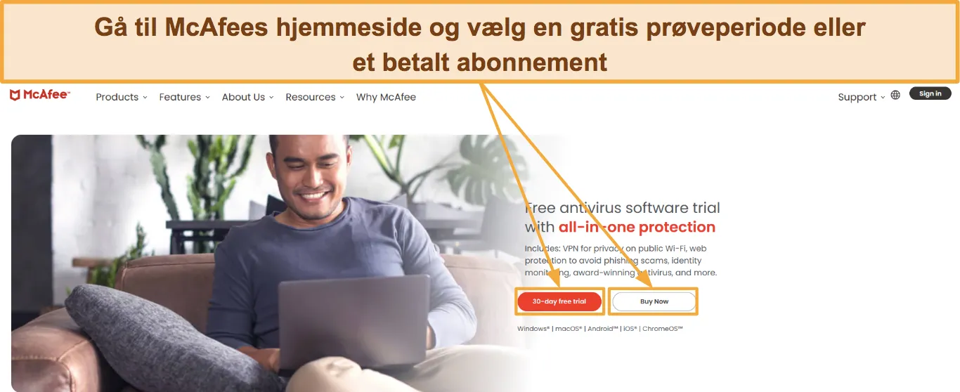 Sk&aelig;rmbillede, der viser, hvordan du v&aelig;lger et McAfee-abonnement.