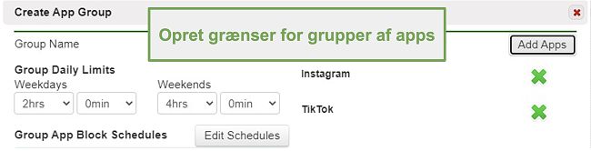Skærmbillede af indstilling af grænser for grupper af apps