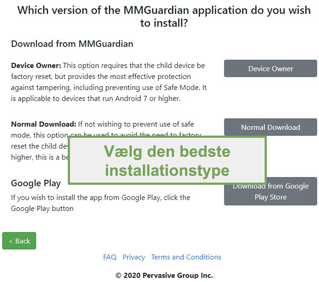 Skærmbillede af valg af installationstype