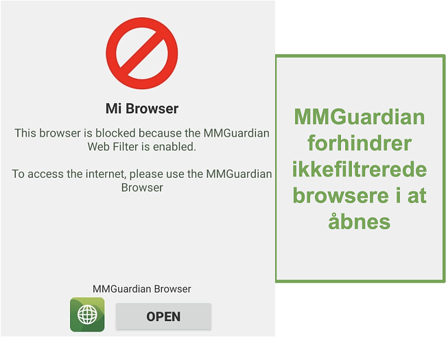 Skærmbillede af MMGuardian, der forhindrer ikke-filtrerede browsere i at åbnes