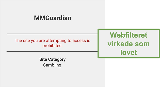 Skærmbillede af webfilteret, der fungerede som annonceret