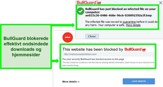 Skærmbillede af BullGuards websted og downloadblokke.