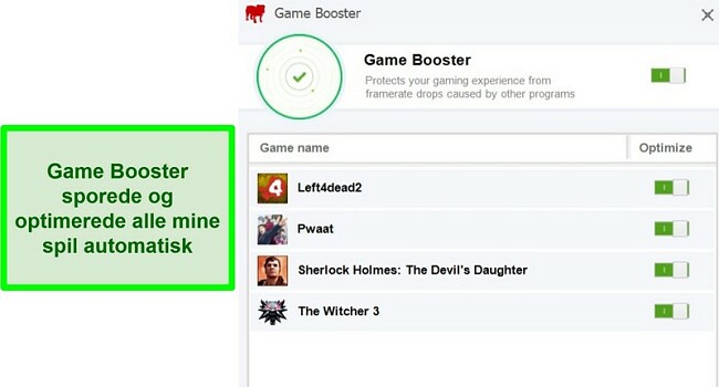 Skærmbillede af BullGuards Game Booster-funktion med en liste over automatisk optimerede spil