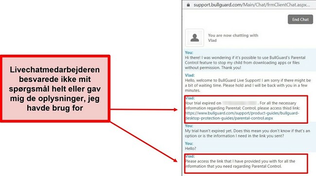 Skærmbillede af BullGuards live chat support.