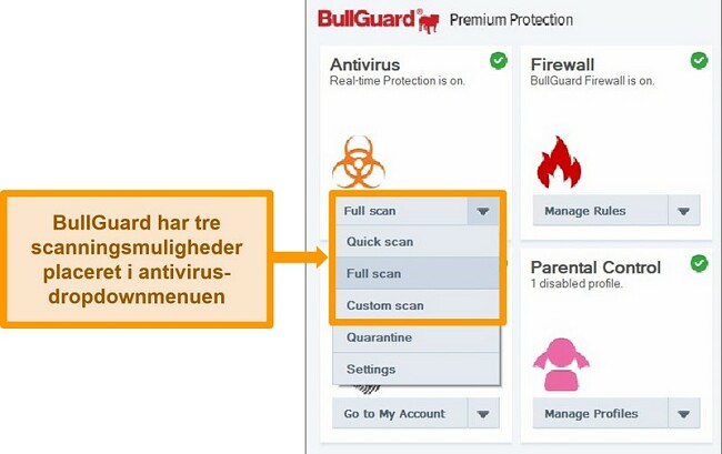Skærmbillede af BullGuards scanningsmuligheder