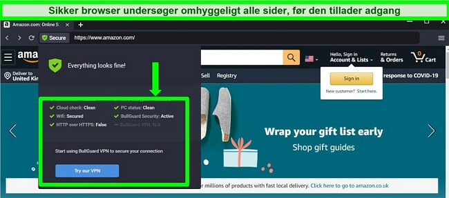 Skærmbillede af BullGuards Secure Browser, der viser alle sikkerhedskontrol.